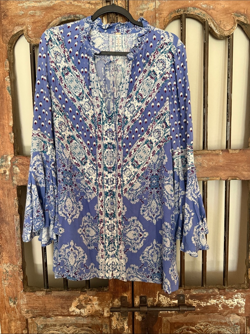 Free People Periwinkle Blue & White Boho V-Neck Tunic/Mini Dress